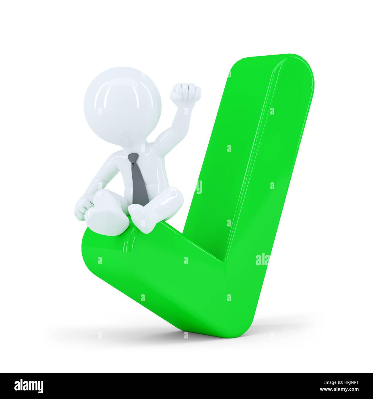 Happy businessman on top of the green check mark. Business concept. Isolated on white background Stock Photo