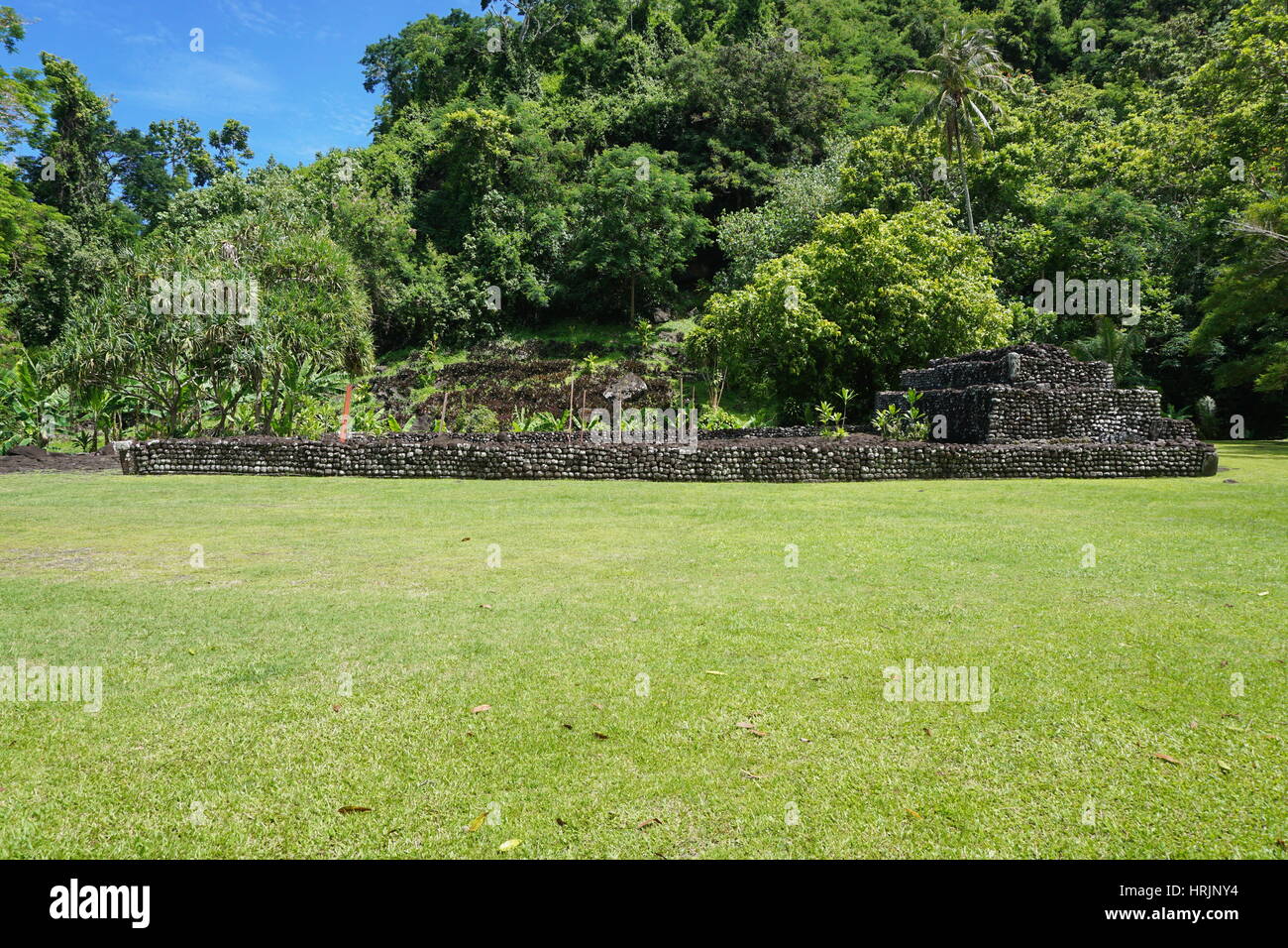 Arahurahu Marae old stone structure on the island of Tahiti, French Polynesia, Oceania Stock Photo