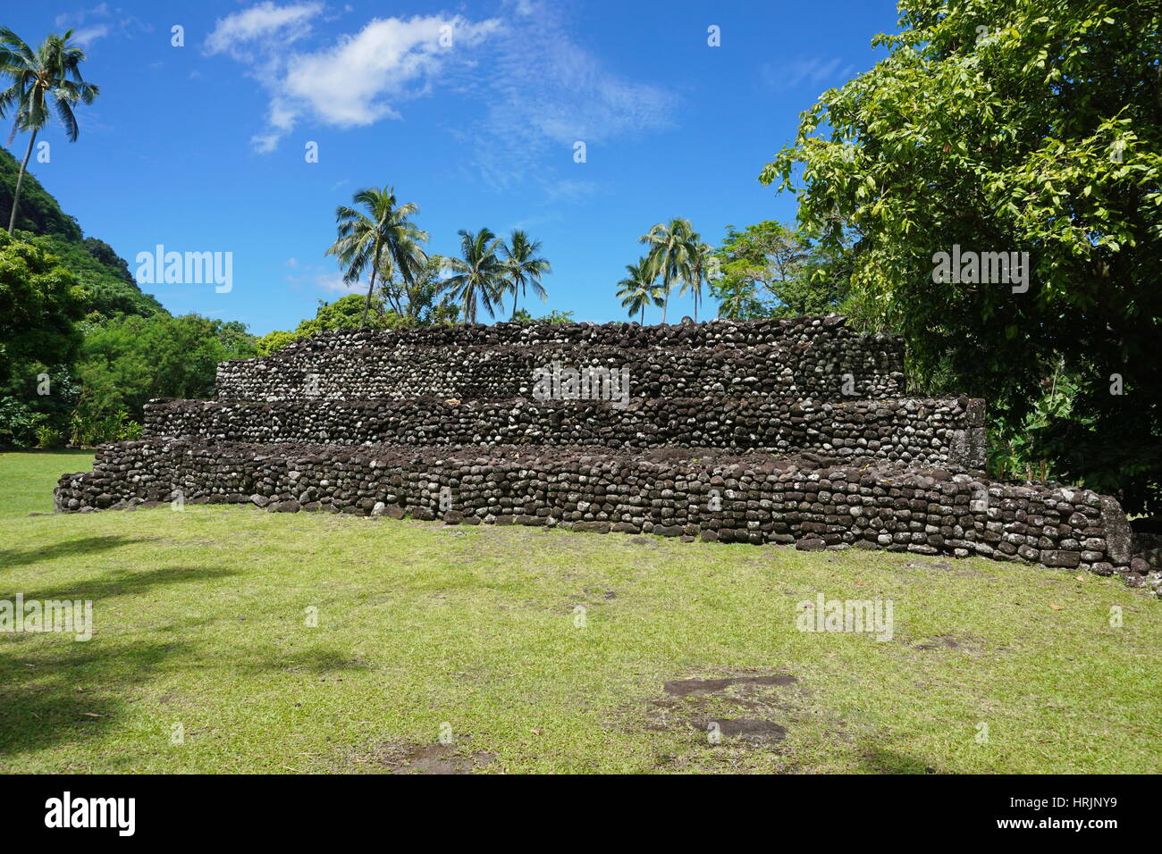 Old stone structure on the island of Tahiti, Arahurahu Marae, French Polynesia, Oceania Stock Photo