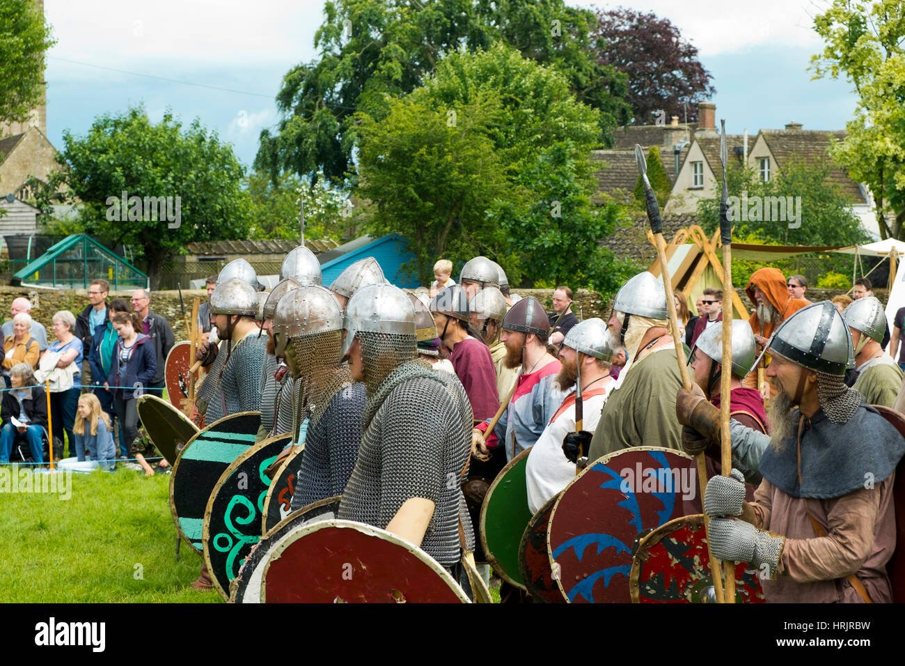 Sherston, Wiltshire, UK - 25th June 2016: Viking re-enactors celebrate the battle that took place in 1016 when Cnut the Great of Denmark and his army fought an army led by King Edmund in a two-day skirmish around Sherston. Stock Photo