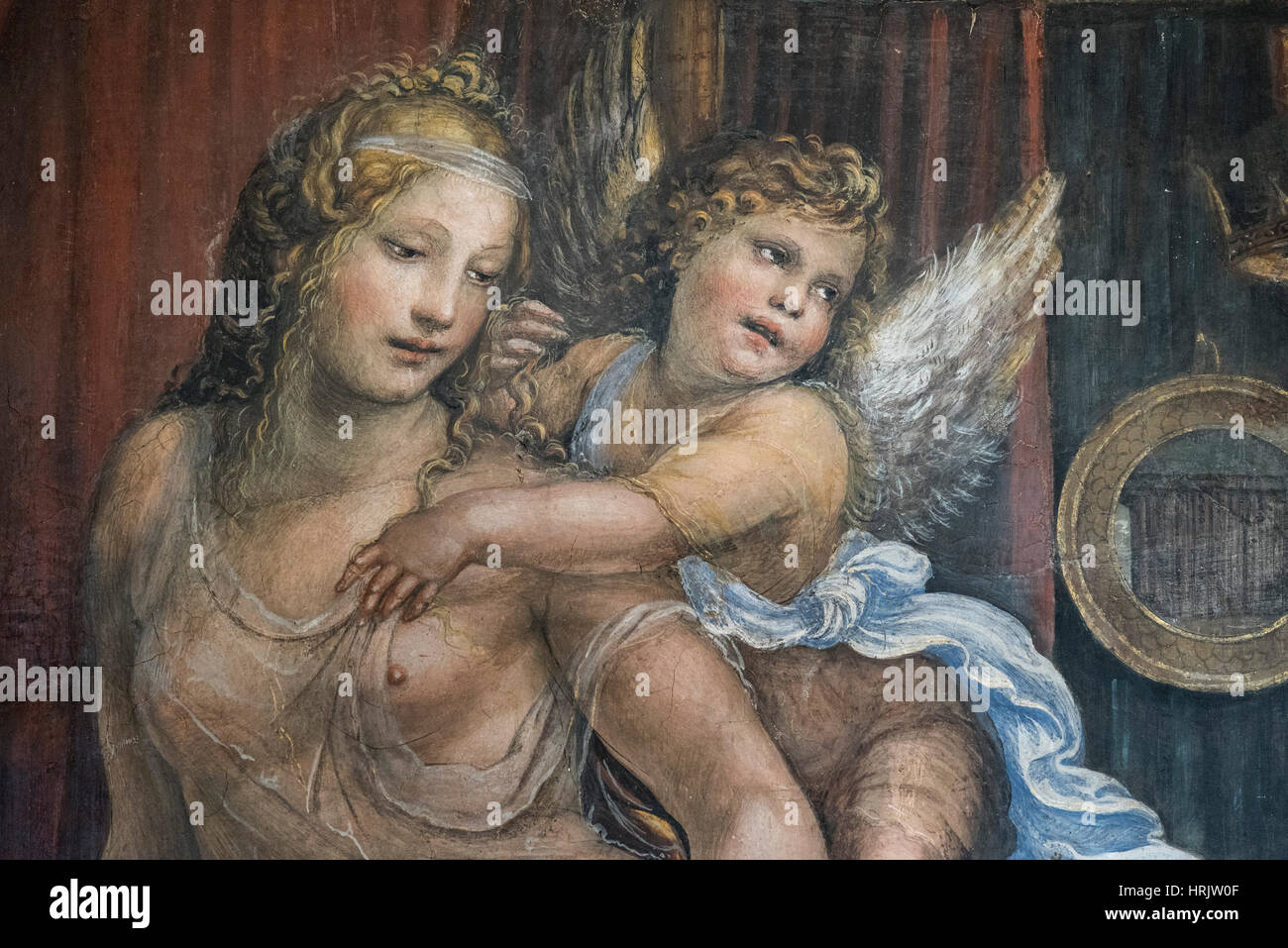 Rome. Italy. Villa Farnesina. Detail of Roxana (Roxanne) with angels, from the fresco The Marriage of Alexander and Roxanne, 1519, by Il Sodoma (1477– Stock Photo