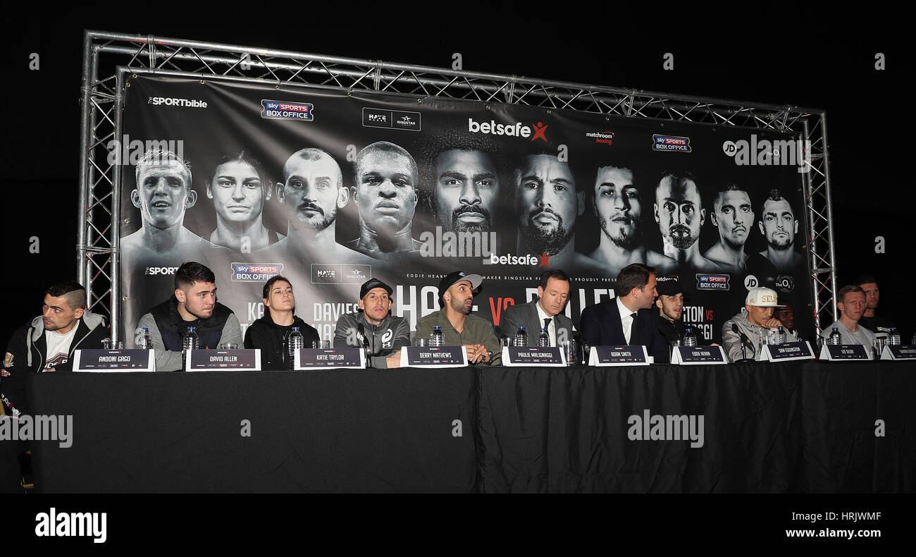 Boxers and promoters (left-right) Andoni Gago, David Allen, Katie Taylor, Derry Matthews, Paulie Malignaggi, Adam Smith, Eddie Hearn, Sam Eggington, Lee Selby, Ohara Davies, Ted Cheeseman and David Howe during the press conference at Sky Backstage at The O2, London. Stock Photo