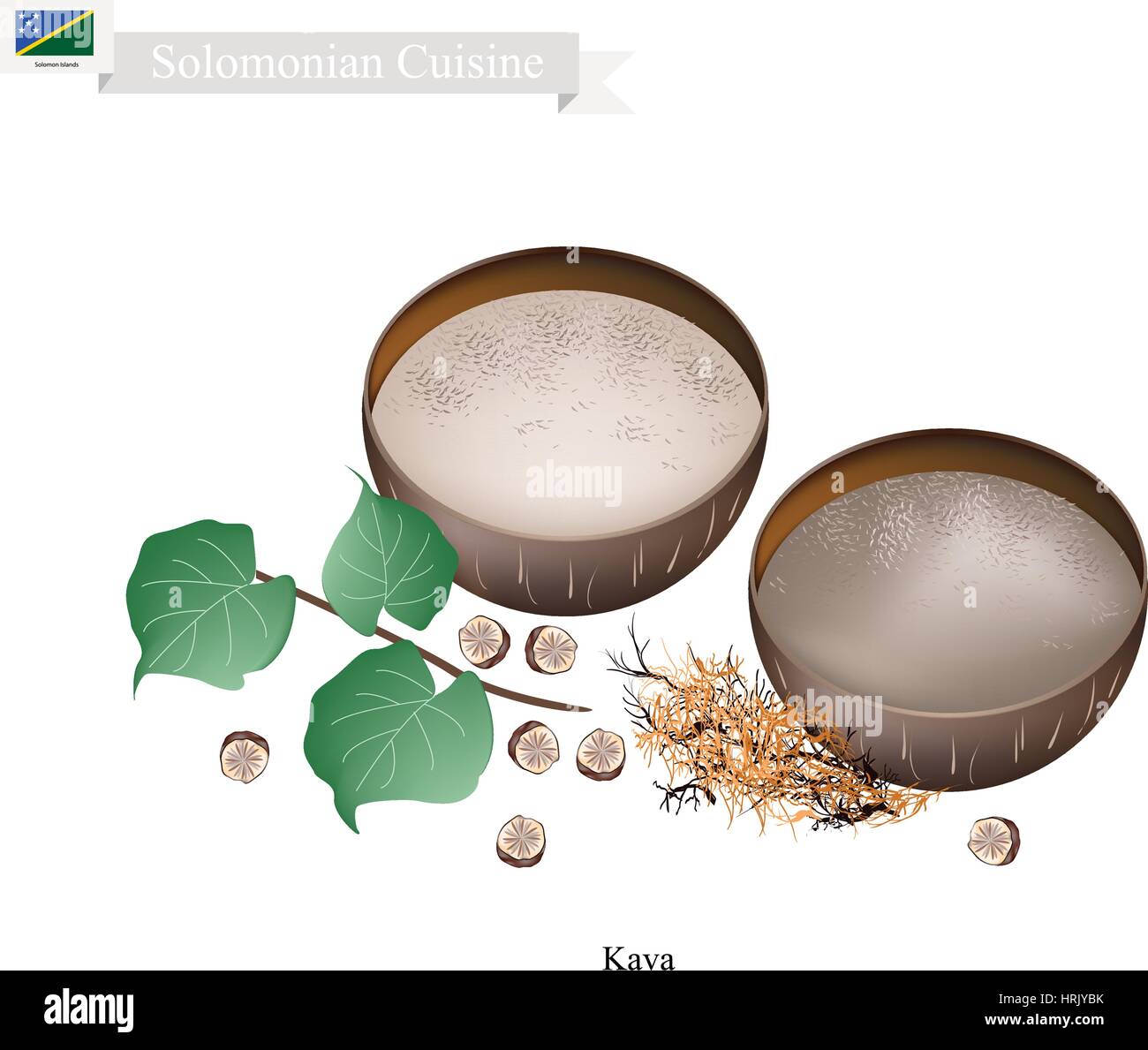 Solomonian Cuisine, Illustration of Kava Drink or Traditional Beverage Made From The Roots of The Kava Plant Mixed with Water. One of The Most Popular Stock Vector