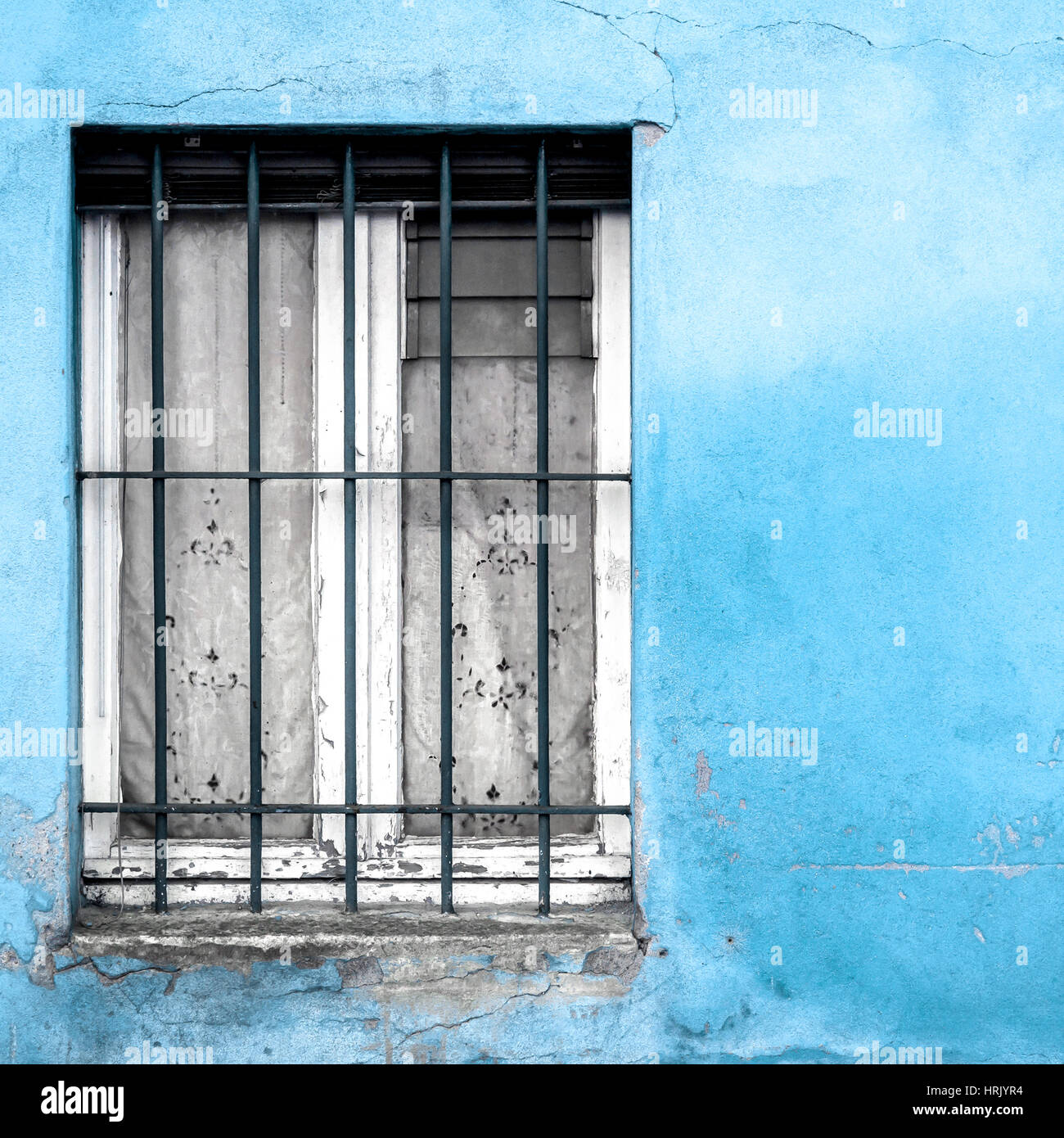 Vintage window on azure plaster wall. Can be used for background ...