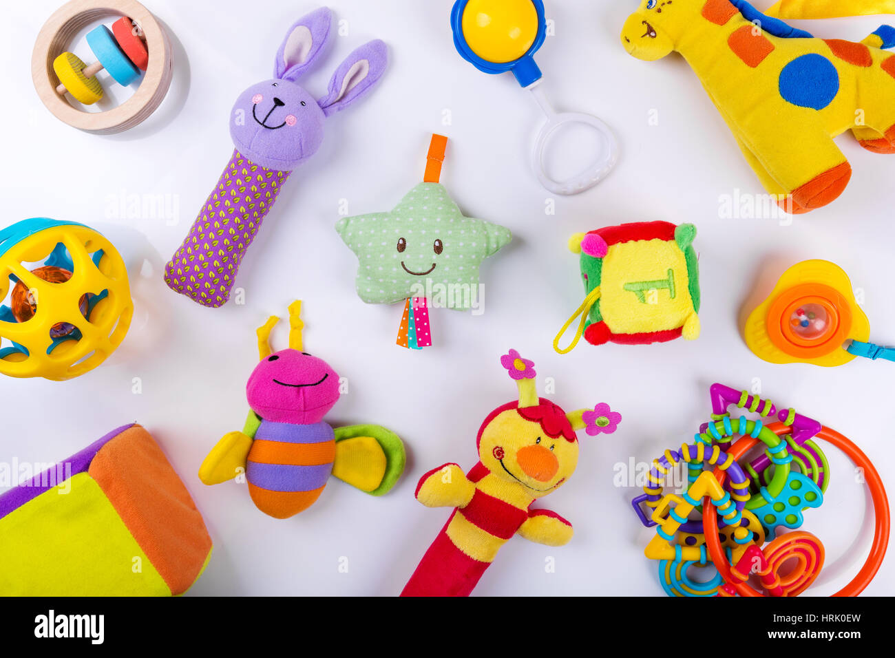 colorful baby toys on white. top view Stock Photo