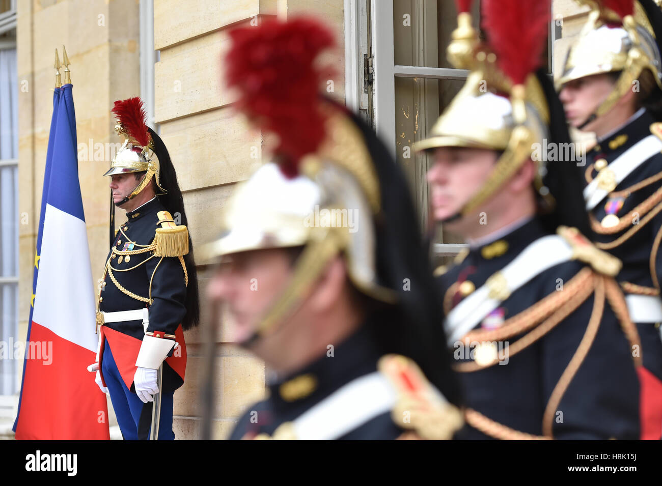 PARIS FRANCE - JUNE 10: Hotel Matignon Republican Guards of honor during a welcome ceremony on JUNE 10 2016 in Paris. Matignon is the official residen Stock Photo
