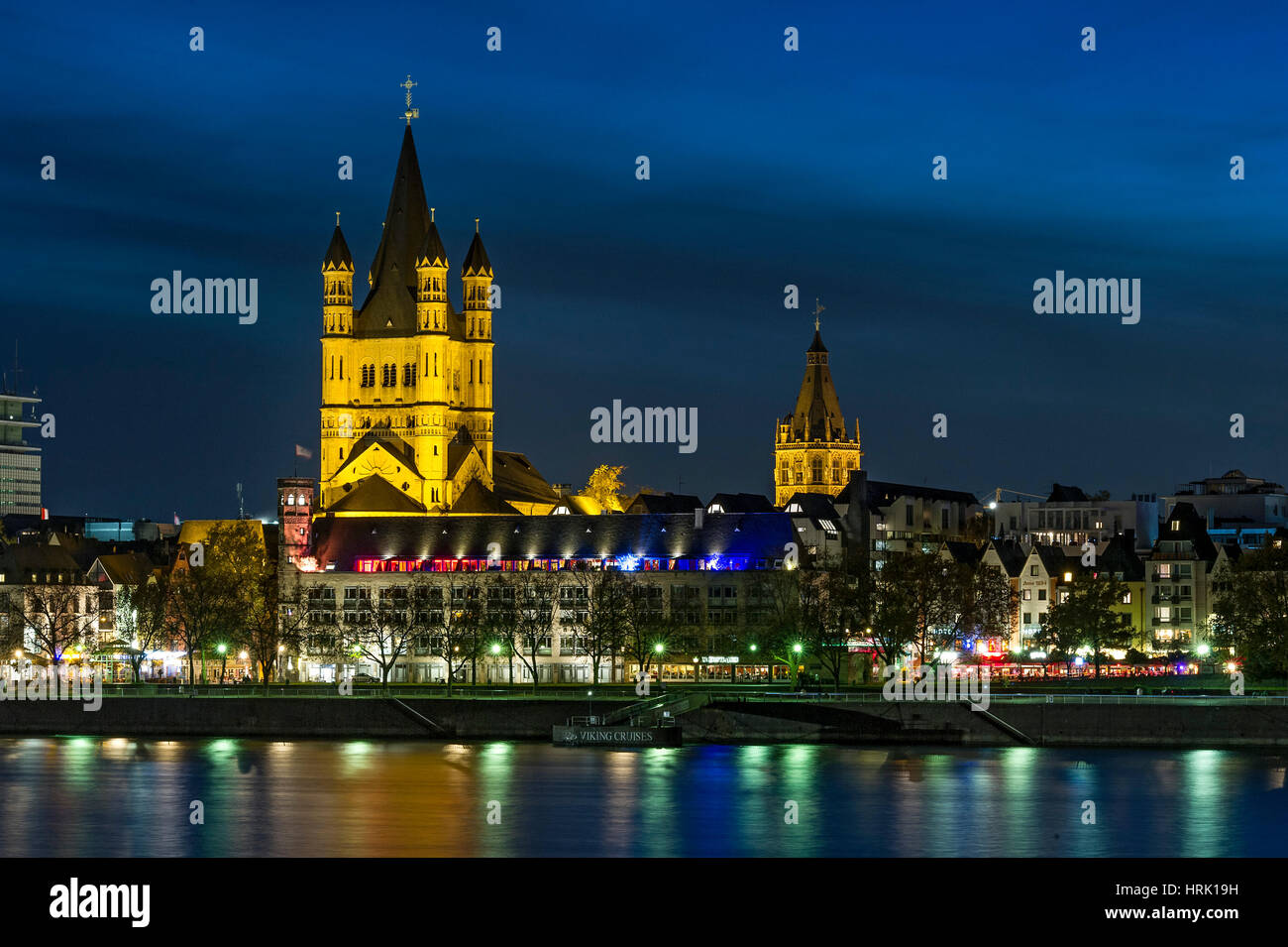Romanesque church Groß St. Martin and Town Hall Tower, River Rhine, Historic centre, Night Scene, Cologne Stock Photo