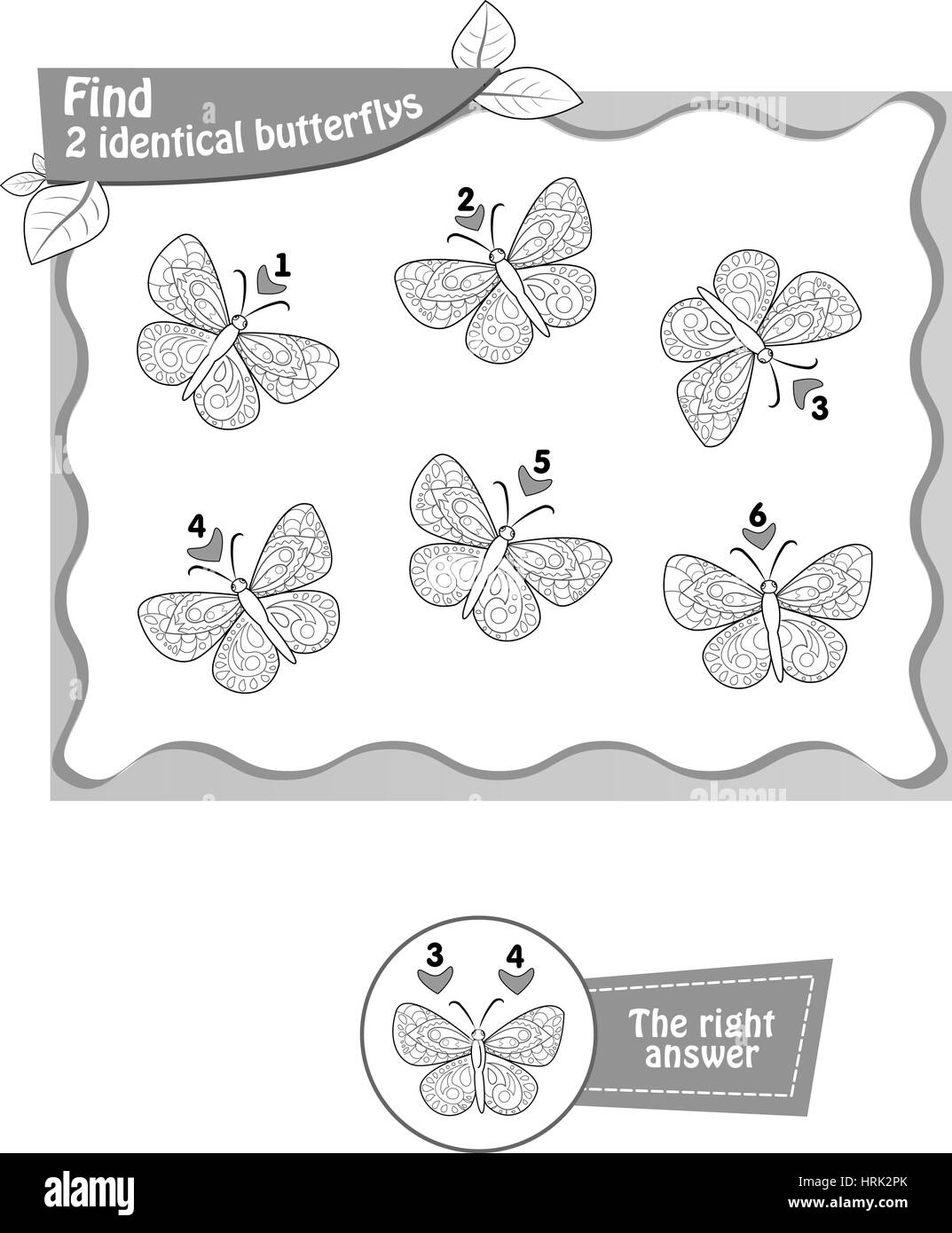 visual game, coloring book for children and adults. Task to find 2 ...