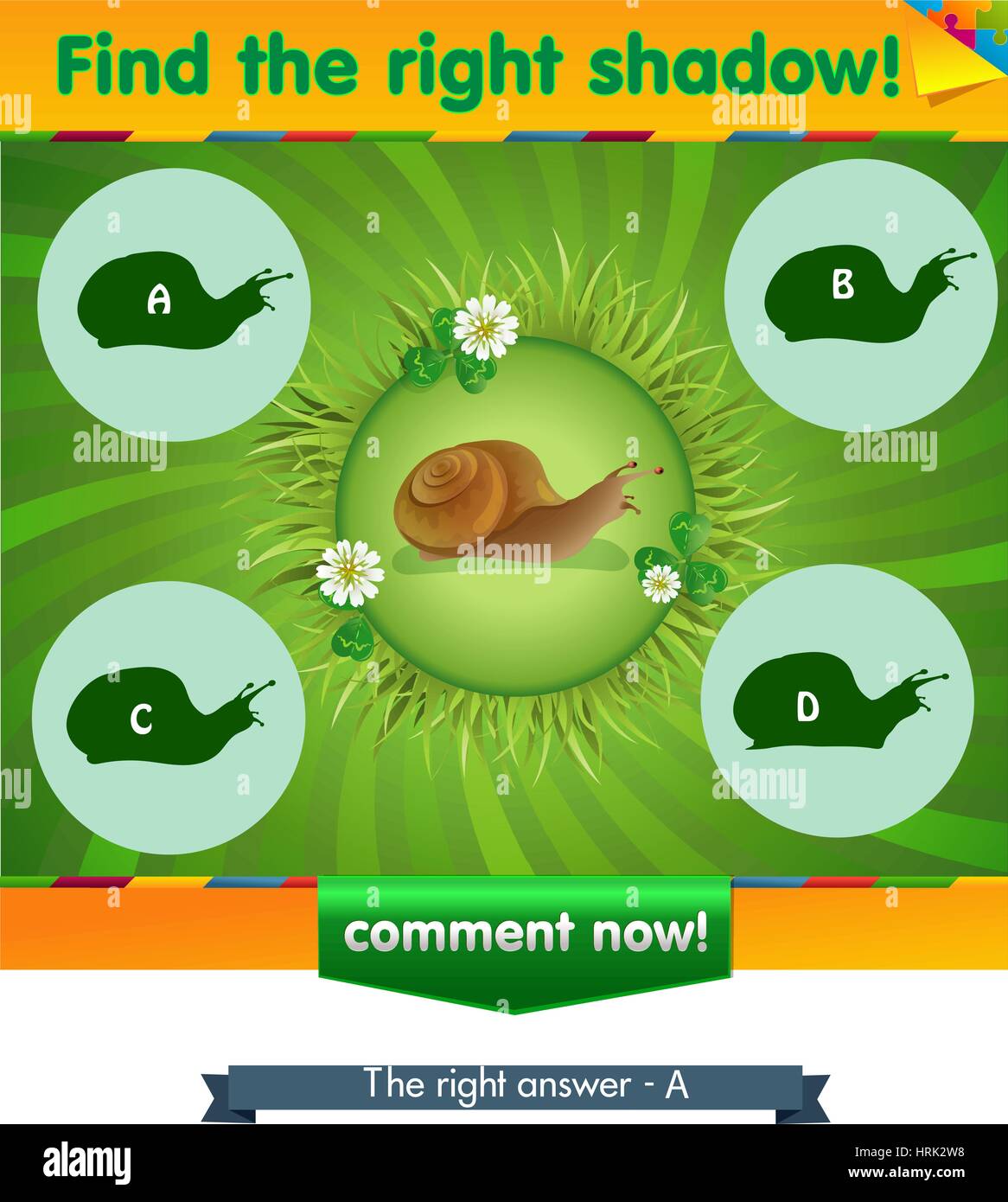 visual game for children and adults. Task the find right shadow snail ...
