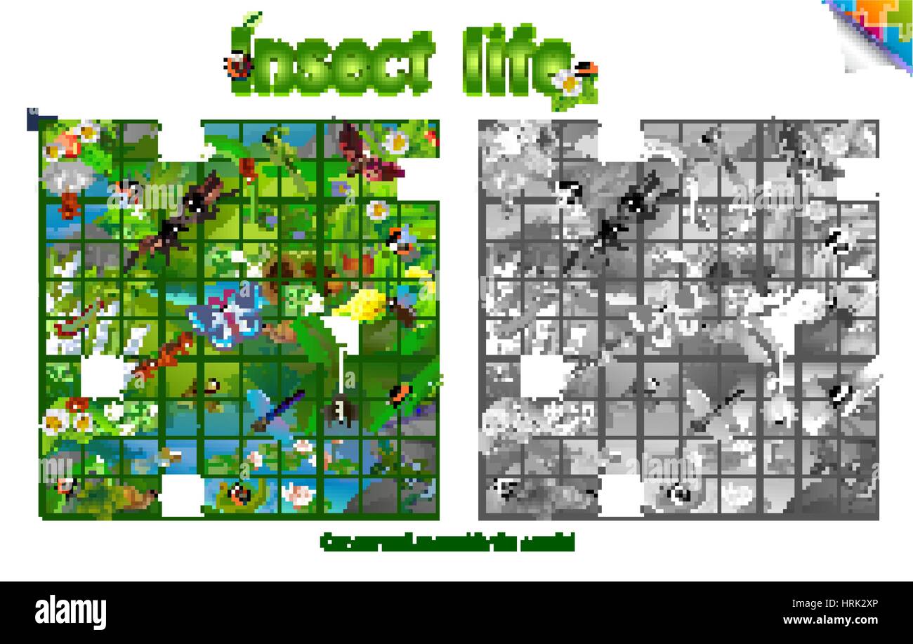 Puzzle - a life of insects on forest clearing. Cut out and assemble the puzzle Stock Vector
