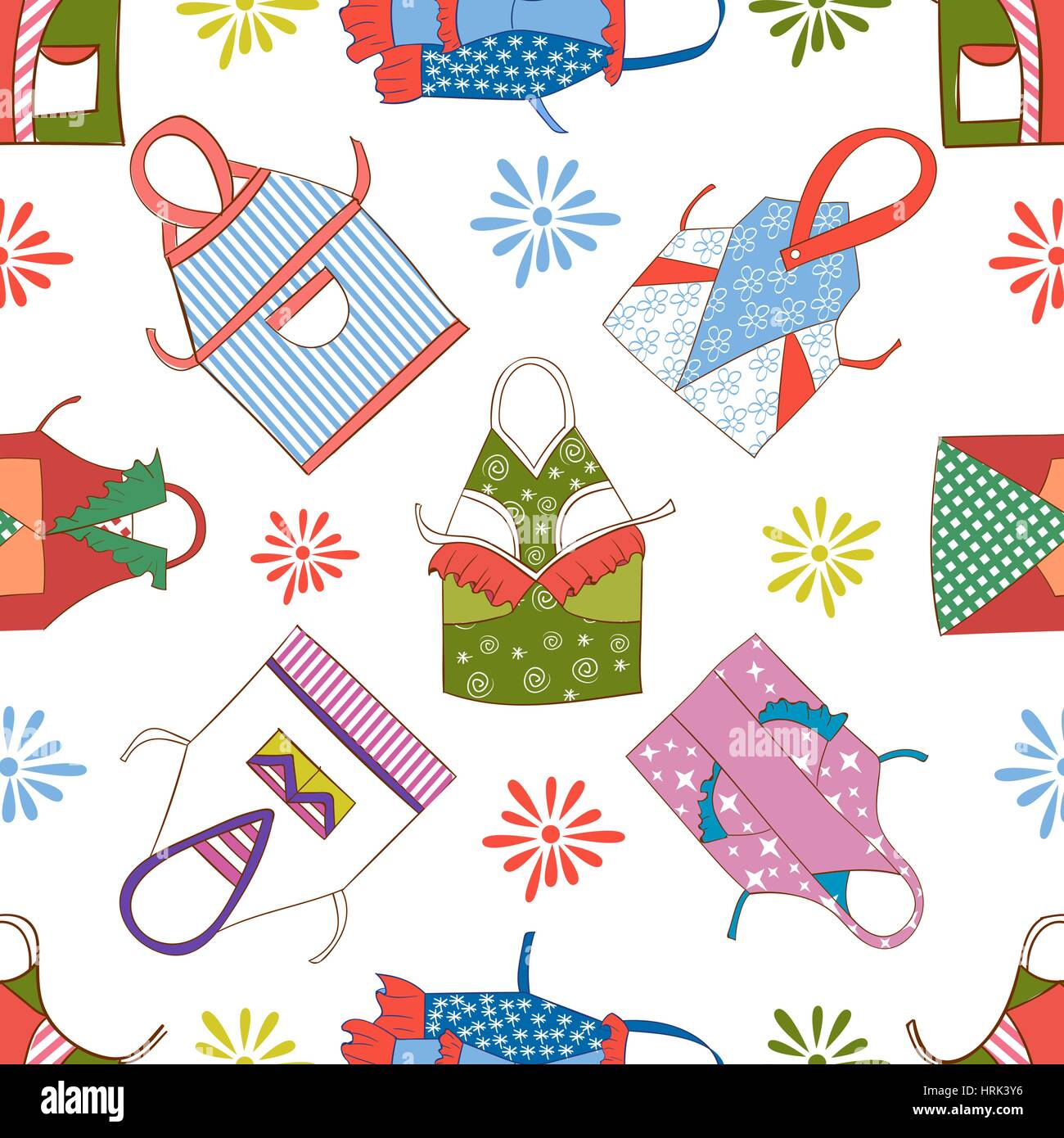 A set of colorful kitchen aprons isolated on white, seamless background ...