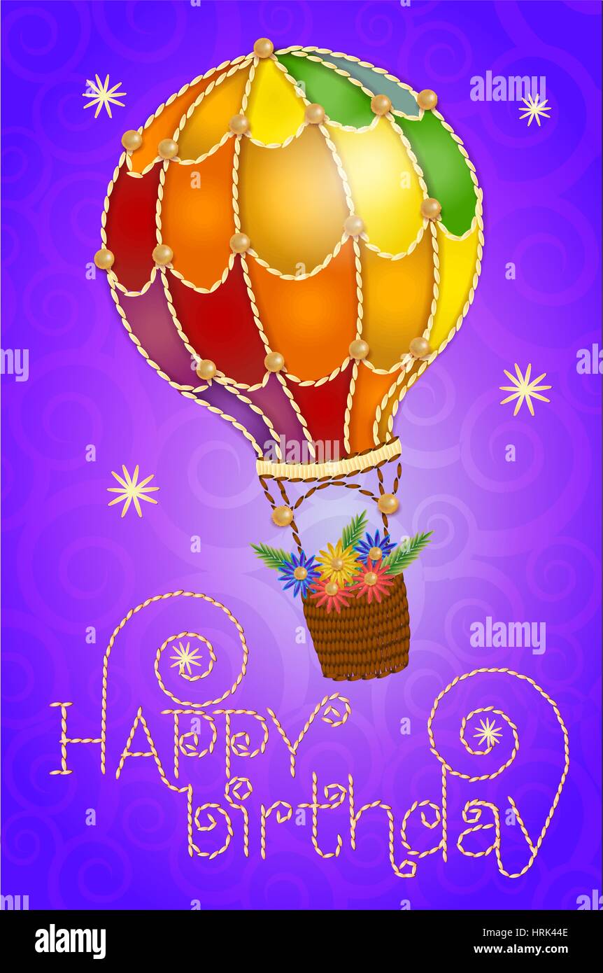 Colorful positive floral summer background- balloon with a basket of flowers in the night sky. birthday card Stock Vector