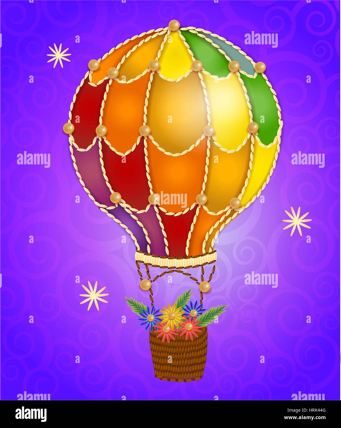 Colorful positive floral summer background- balloon with a basket of flowers in the night sky Stock Vector