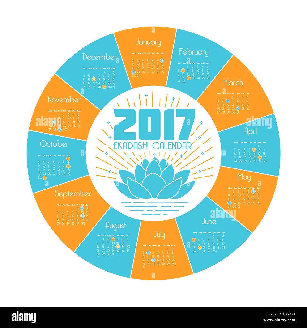 calendar ekadash for 2017 in a linear style in the form of a lotus flower Stock Vector