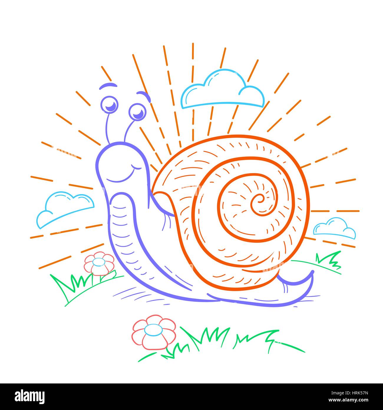 Illustration of a snail that crawls around the garden with linear style ...