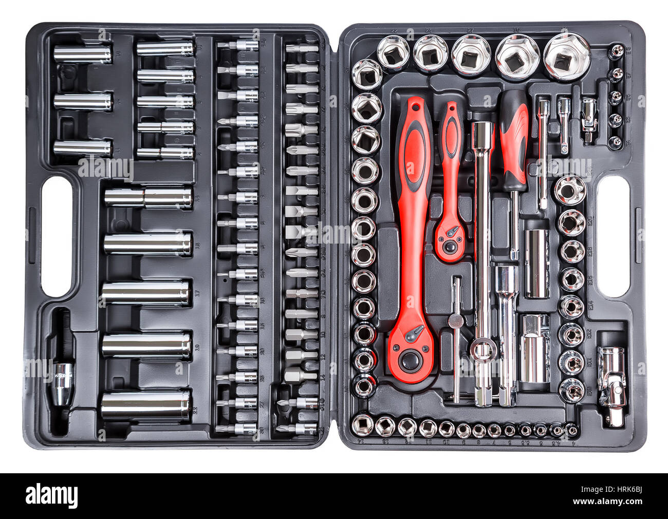 Set of hand tools. Many wrench and tools close-up in box for to repair the car or replace automotive spare parts, auto parts. Stock Photo