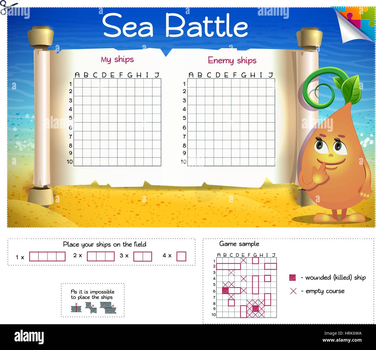 Sea Battle. Board game. Form for the game Battleship. Stock Vector