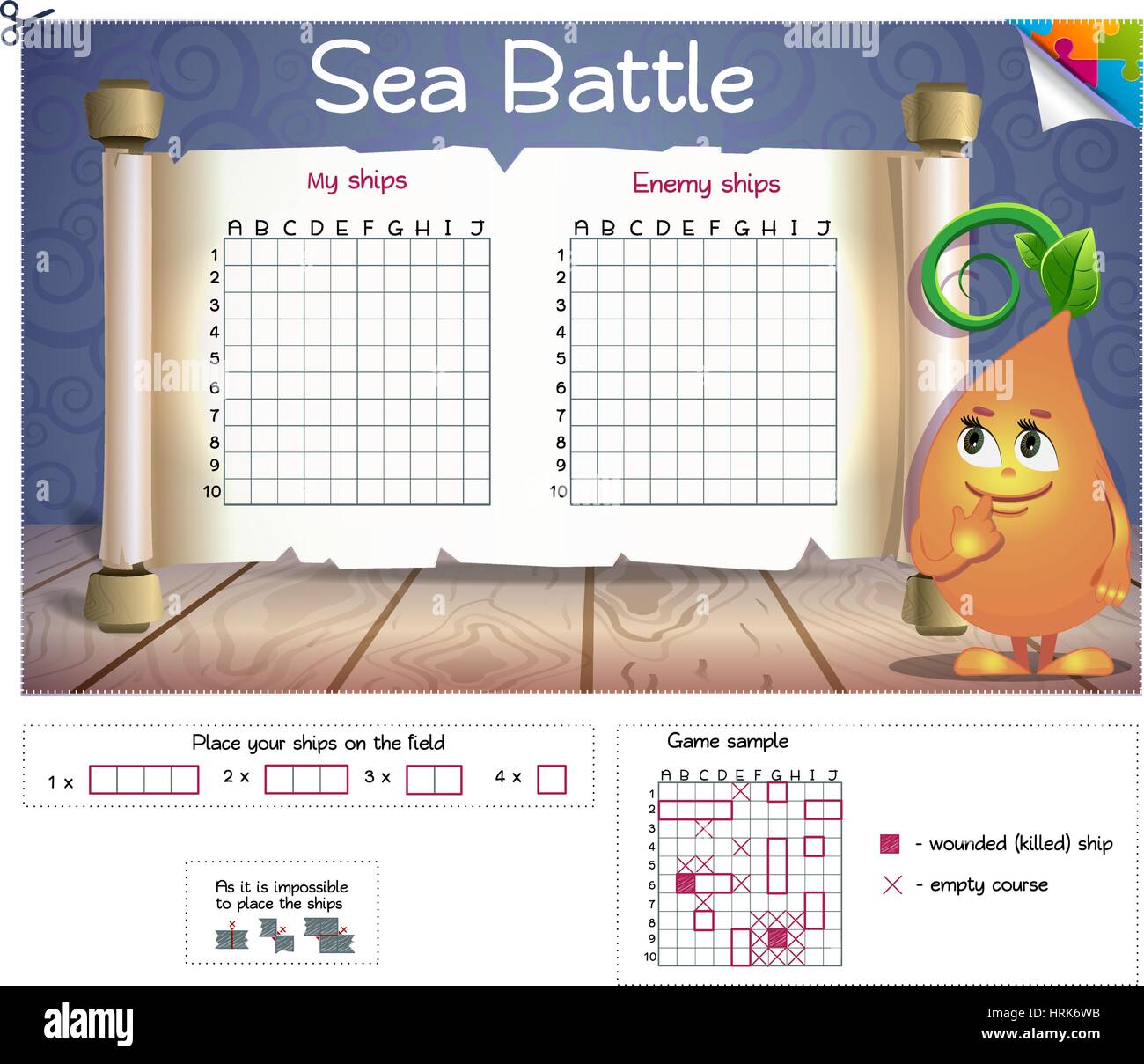 Sea Battle. Board game. Form for the game Battleship. Stock Vector