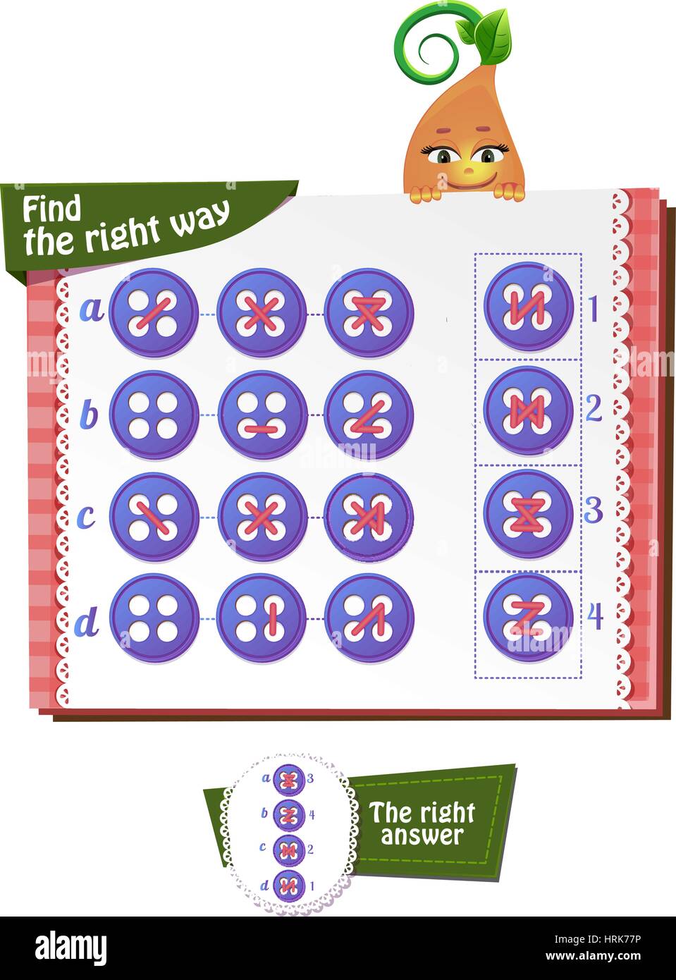 Visual Game for children. Task Find the right way at the stitches