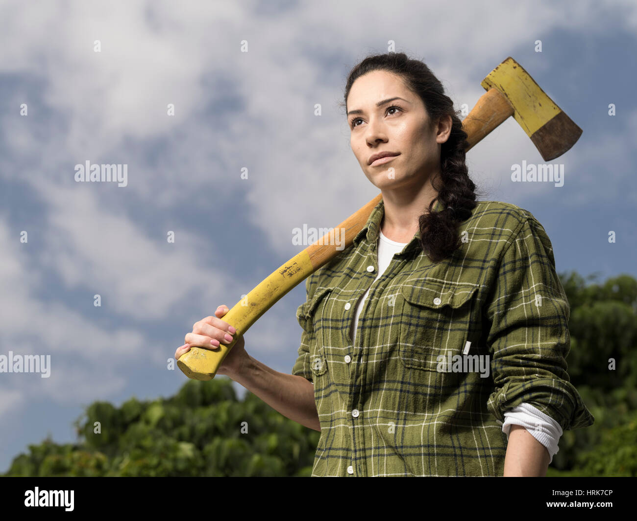 Female lumberjack with axe Stock Photo Alamy