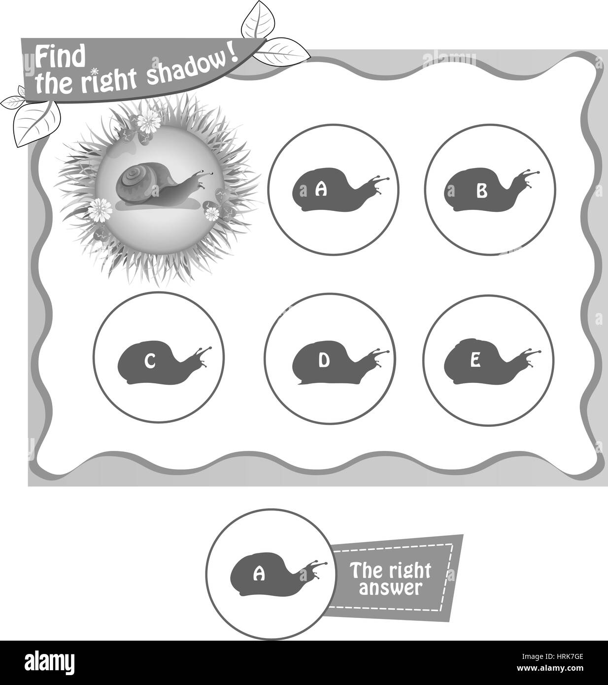 visual game for children and adults. Task the find right shadow snail. black and white vector illustration Stock Vector