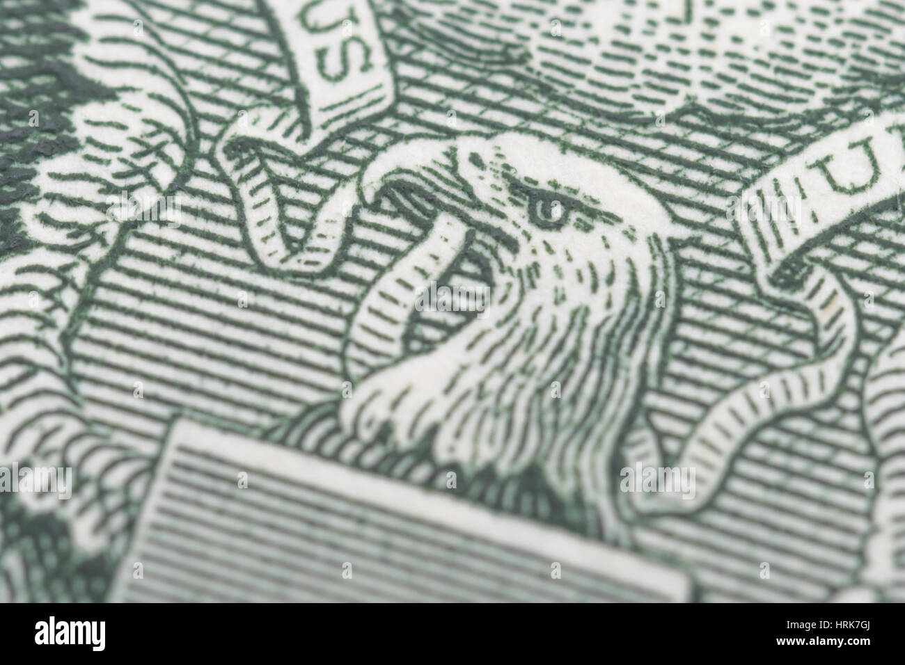 Close-up detail photo of US $1 / One Dollar banknote / bill. For US