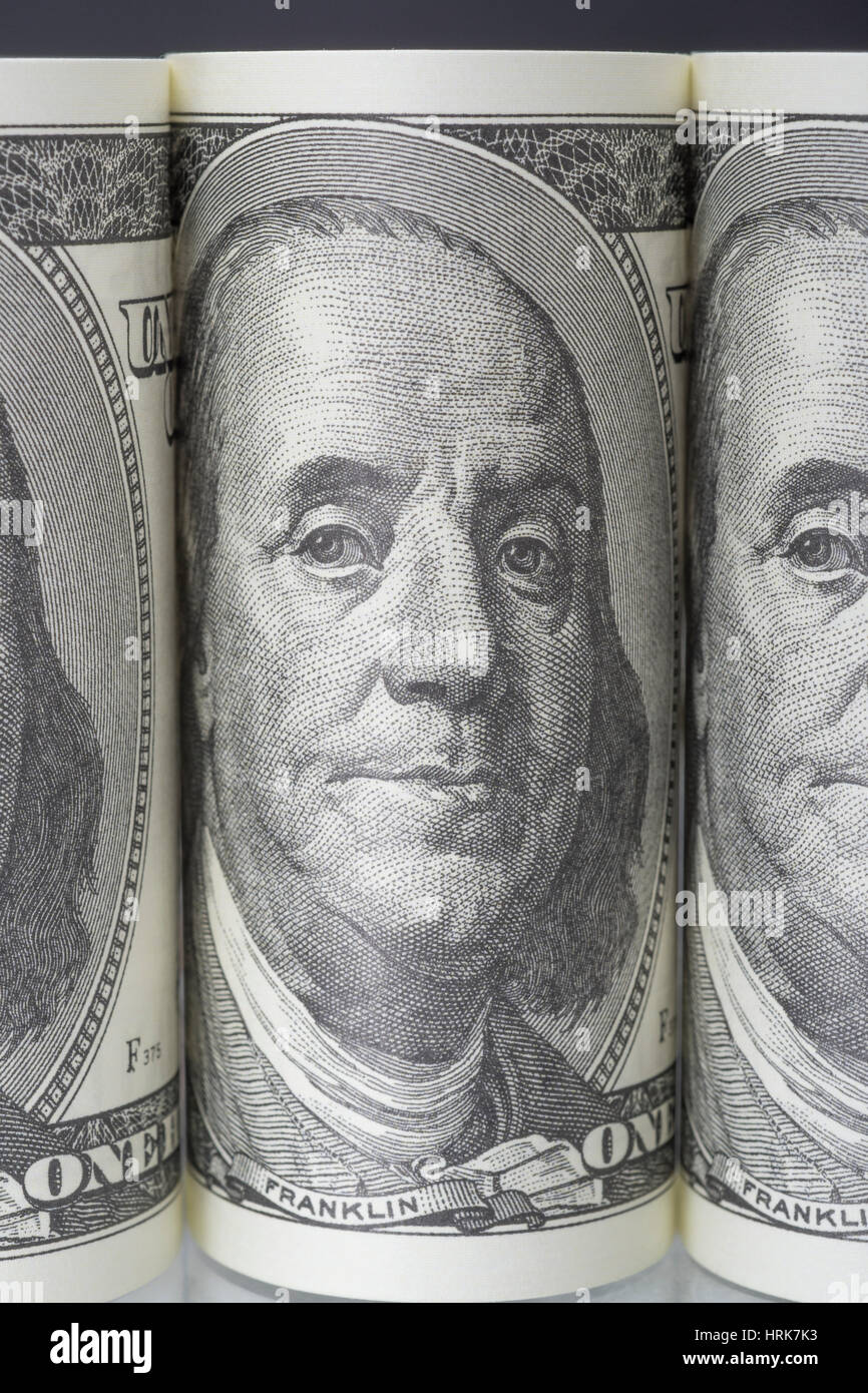 Close detail of US $100 / One Hundred Dollar banknote / bill / Franklin ...