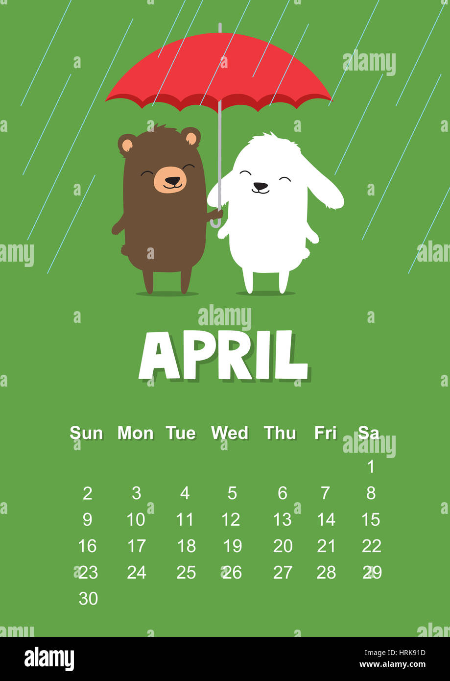 Calendar for April 2017 with cute bunny rabbit and bear under umbrella on green background. A3 size, can be used for printing or web. Stock Photo