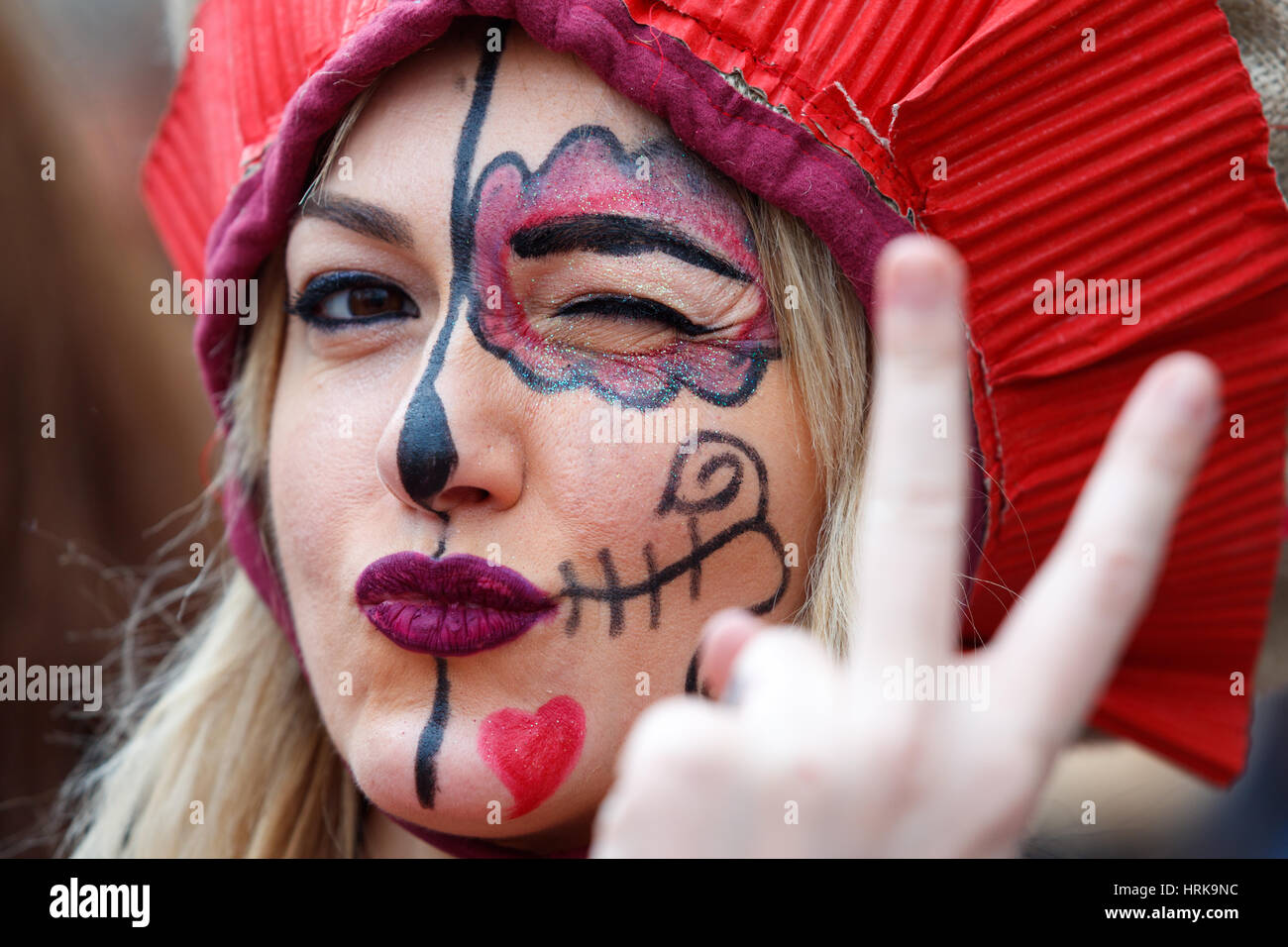 Xanthi, Greece - February 26,2017: People dressed in colorful costumes during the annual carnival parade in Xanthi, Greece.The event is very popular a Stock Photo