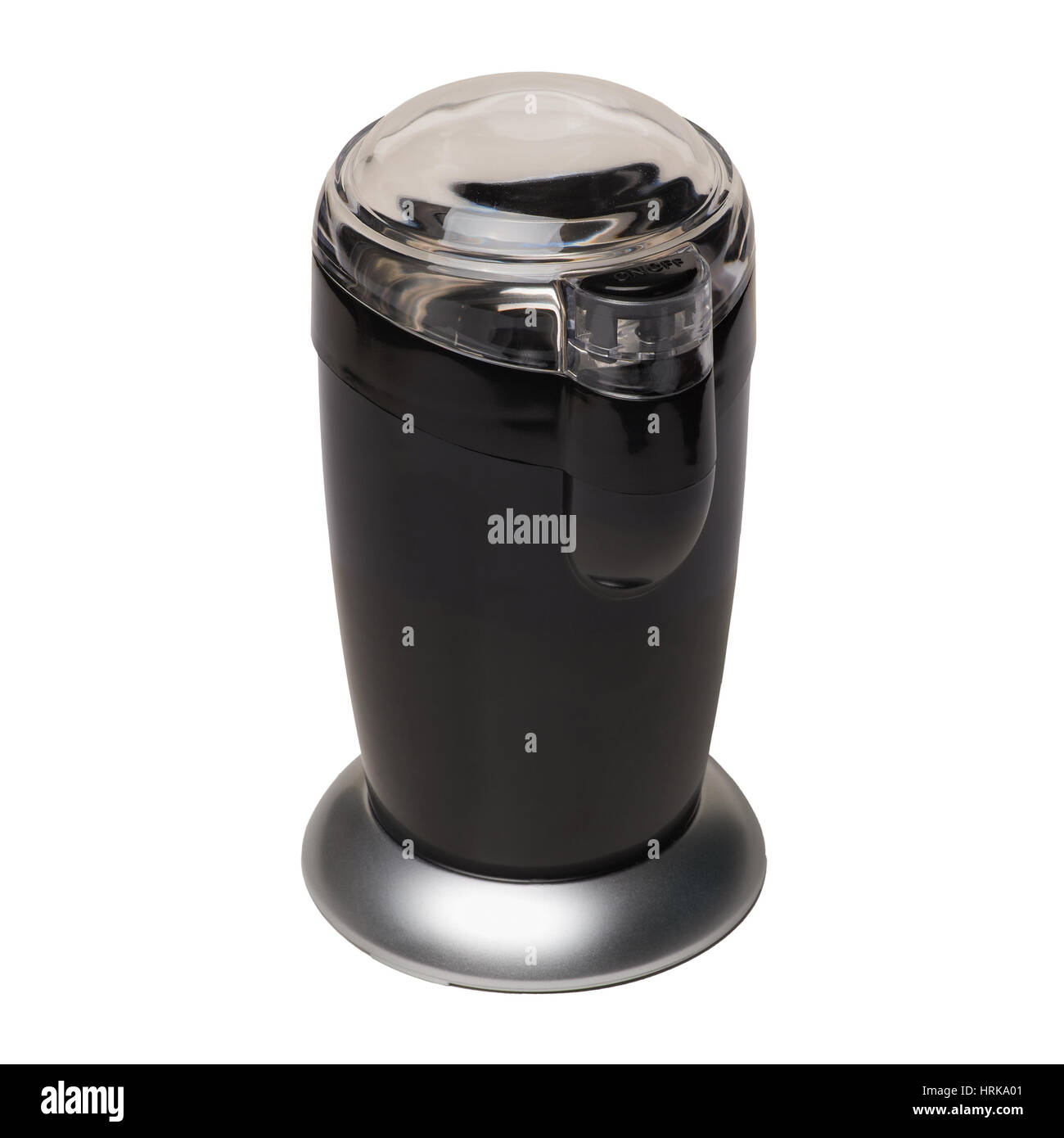 Black electric coffee grinder with a closed transparent cover isolated