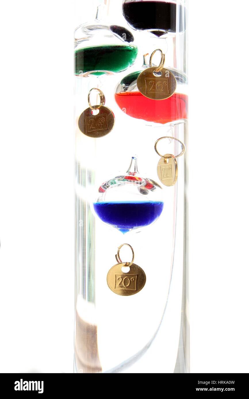Galileo thermometer with glass balls isolated on white showing
