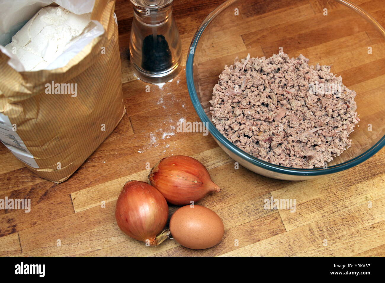 Minced lamb, onion, eggs, flour and pepper ready to make rissoles Stock