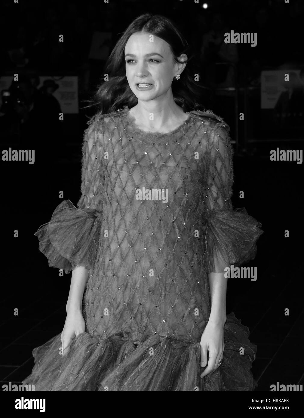 London, UK, 7th Oct 2015: Carey Mulligan ( Image digitally altered to monochrome ) attends Suffragette film premiere and gala opening night, 59th BFI London Film Festival in London Stock Photo