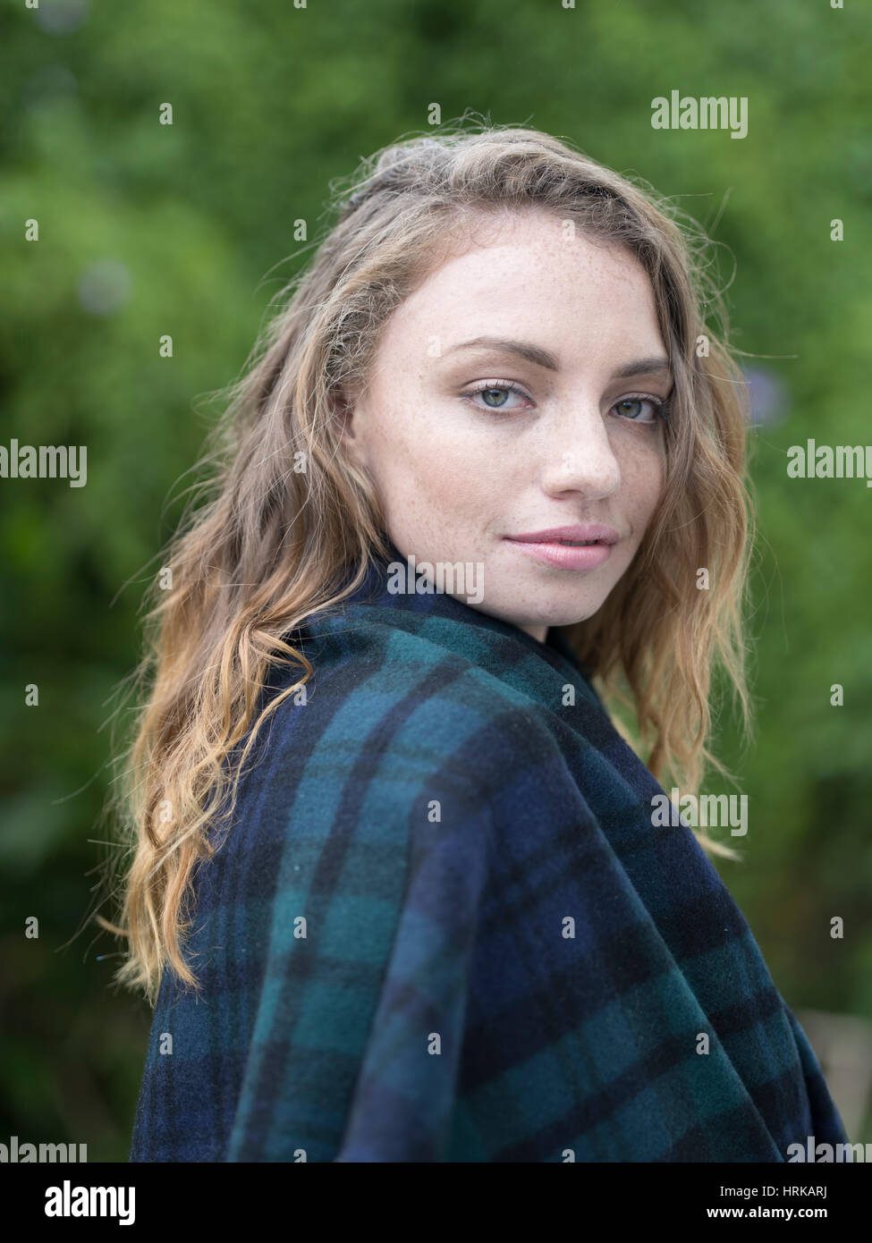 Young woman with Black Watch tartan shawl Stock Photo Alamy