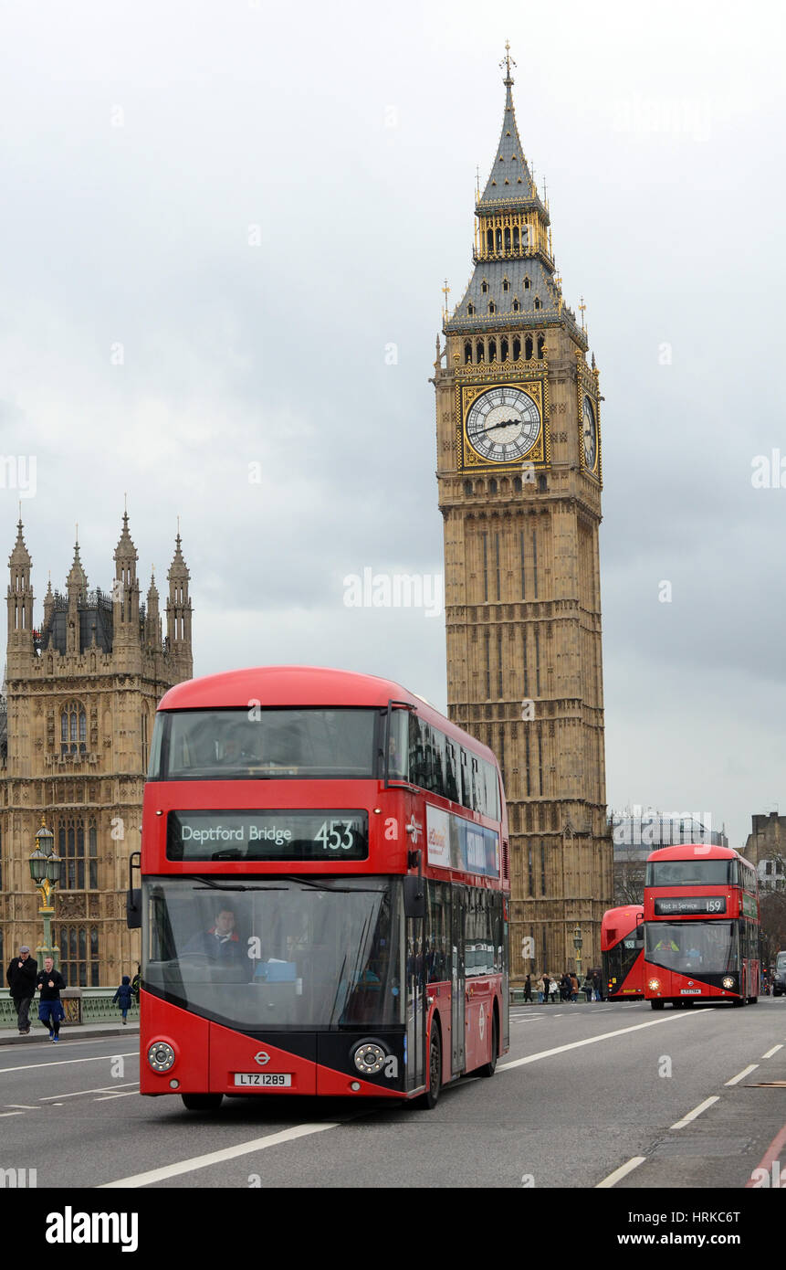 London, UK, 01/03/2017 London red bus on Westminster Bridge in front of Big Ben. Stock Photo
