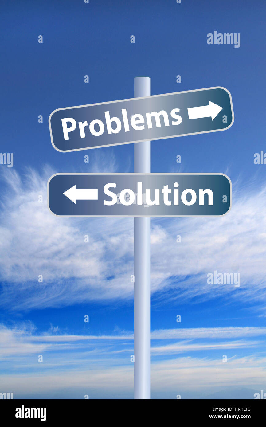 Problems vs solution ahead road sign concept, against white stormy