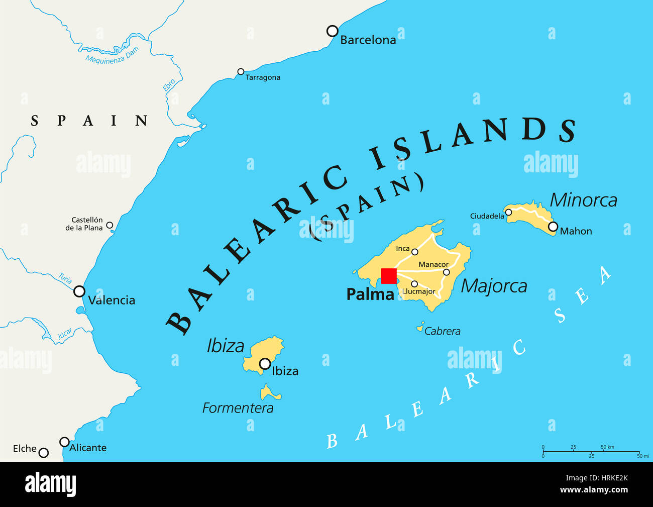 Balearic Islands political map with capital Palma. Archipelago of Spain in Mediterranean Sea near Iberian Peninsula coast. Stock Photo