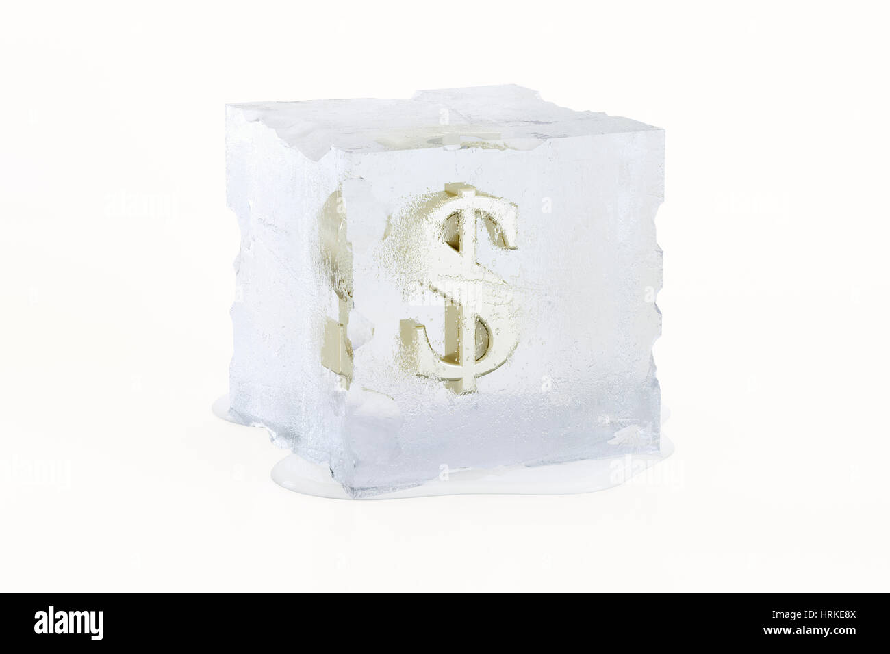 Golden US Dollar symbol frozen in a slowly melting ice cube Stock Photo