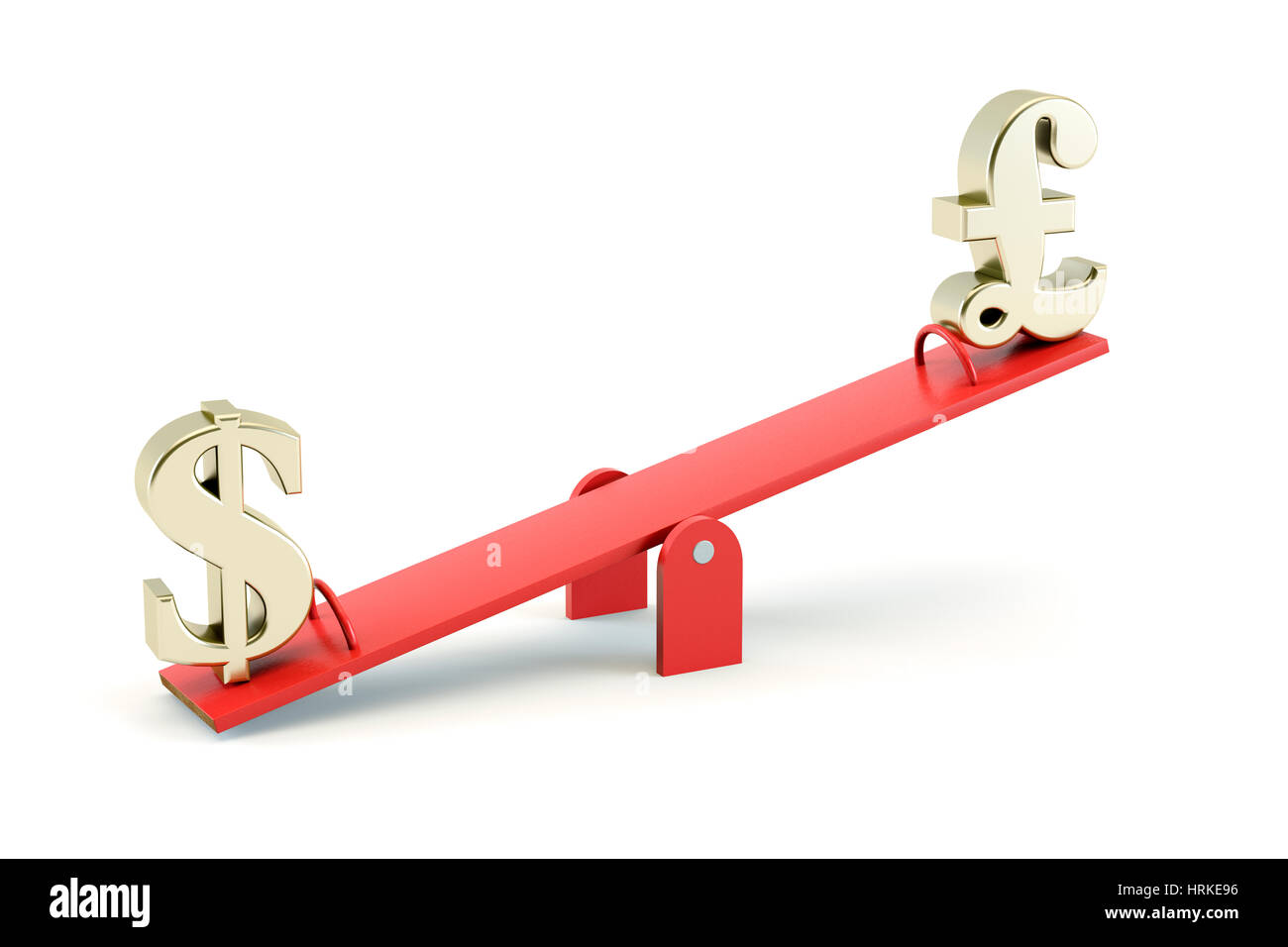 Gold US Dollar symbol and gold British GBP Pound Sterling on a Seesaw isolated on a white background - exchange rate concept Stock Photo