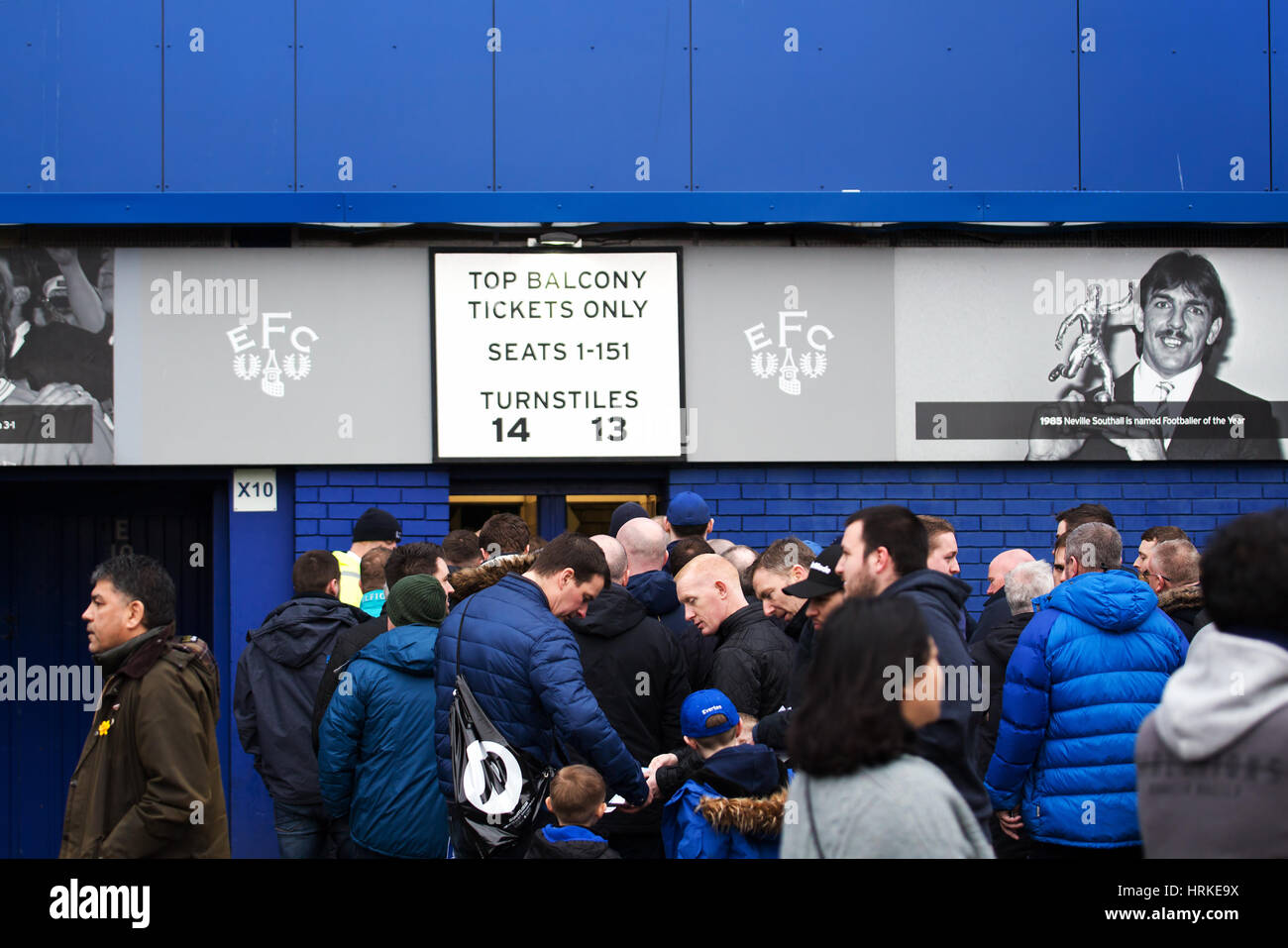 Everton supporters queuing up to get through the turnstiles at the recent home game against Sunderland at Goodison Park Stock Photo