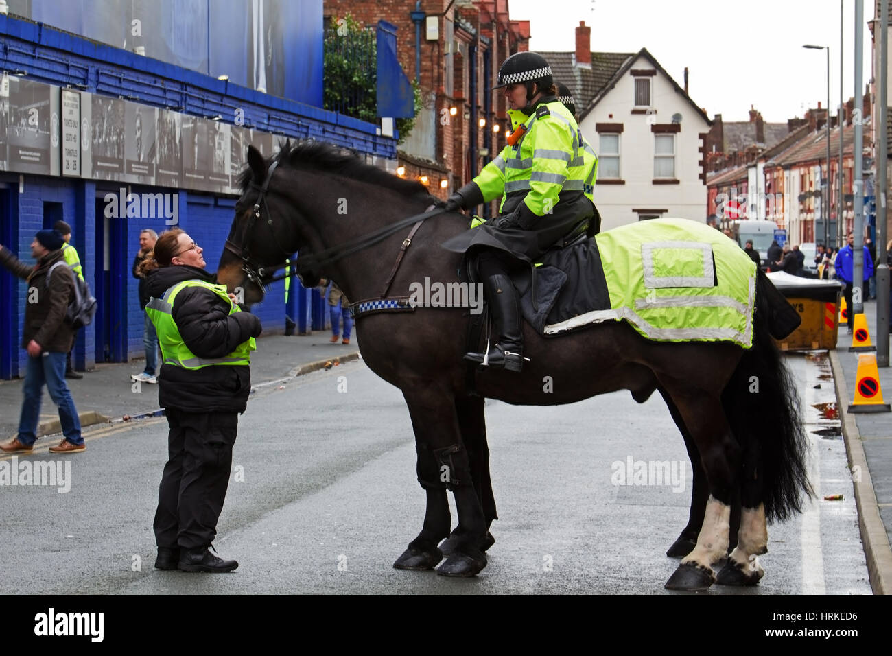 Police women on horseback on crowd control at Goodison Park Everton Stock Photo