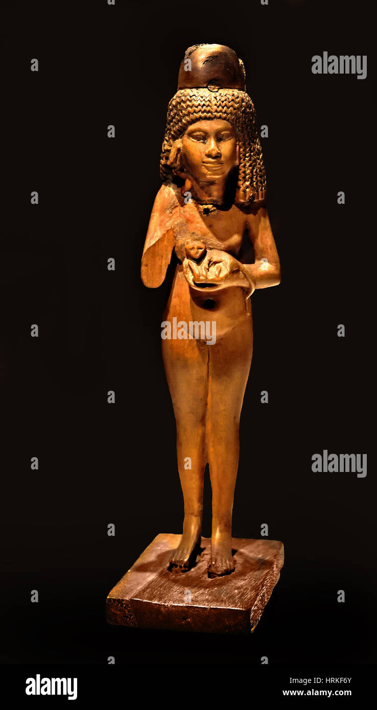 Figure of a Girl with a cat and Standing Figure of a young woman New Kingdom 18th Dynasty 1380, BC  Egypt Stock Photo