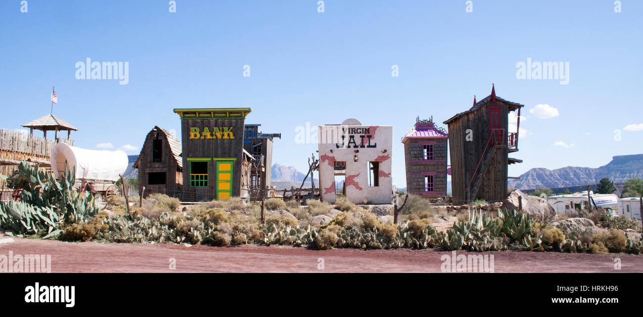 Virgin, Utah, features a Wild West–themed town with rustic storefronts and cowboy charm, bringing the Old West to life for visitors. Stock Photo