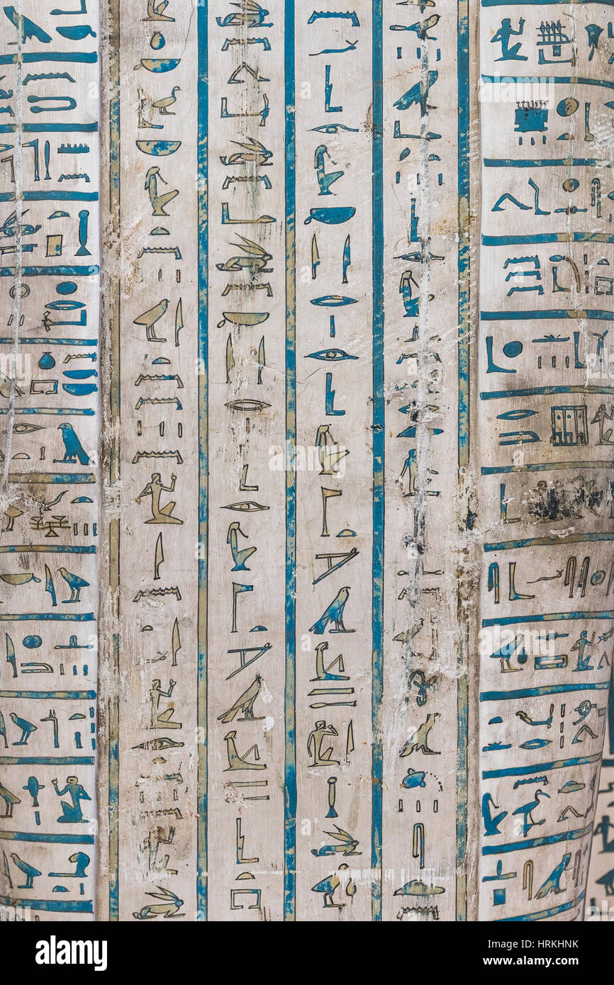 Board found in ancient Egypt showing mainly blue and yellow aeroglyphs Stock Photo