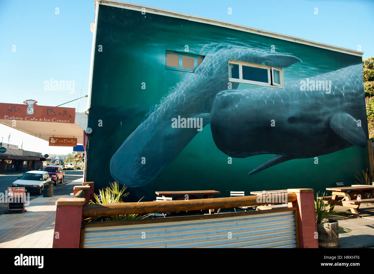 KAIKOURA, NEW ZEALAND - April 3, 2011: Whale painting on a wall in Kaikoura reknown for its whale watching tours Stock Photo