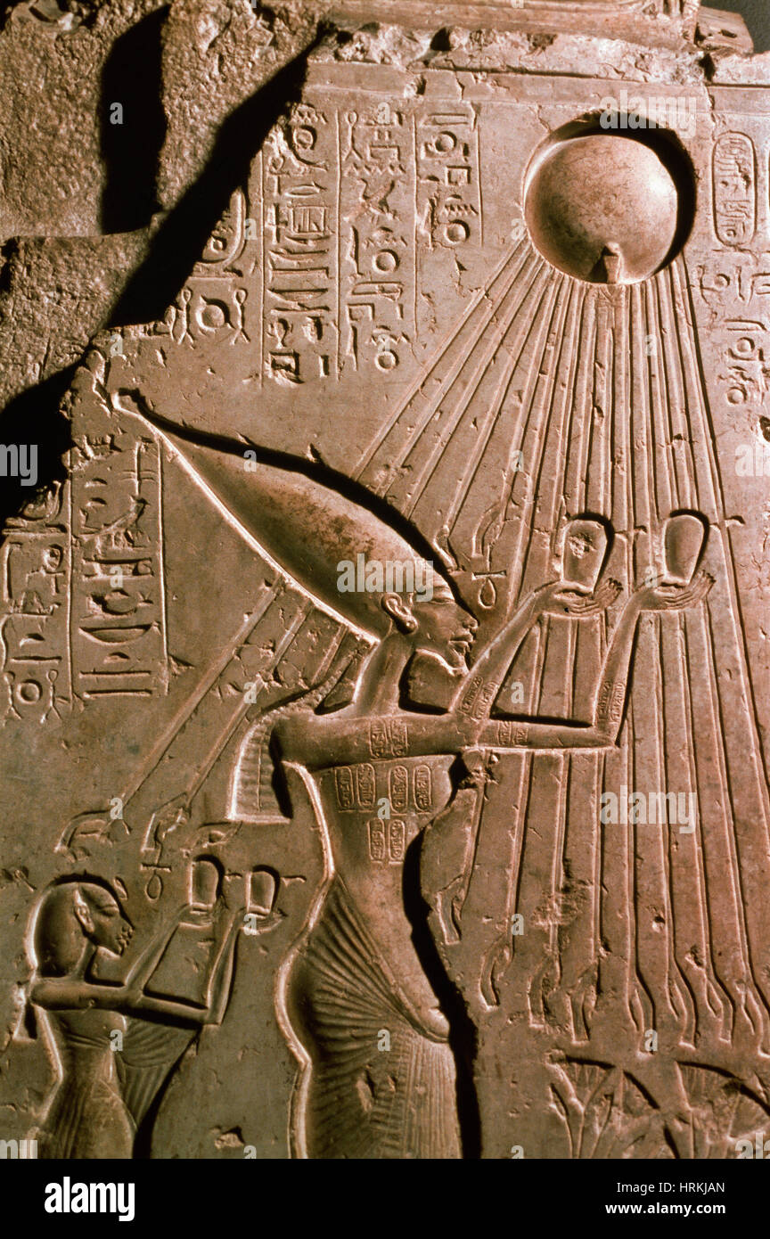 Akhenaton with Aten, Egyptian Sun God Stock Photo - Alamy