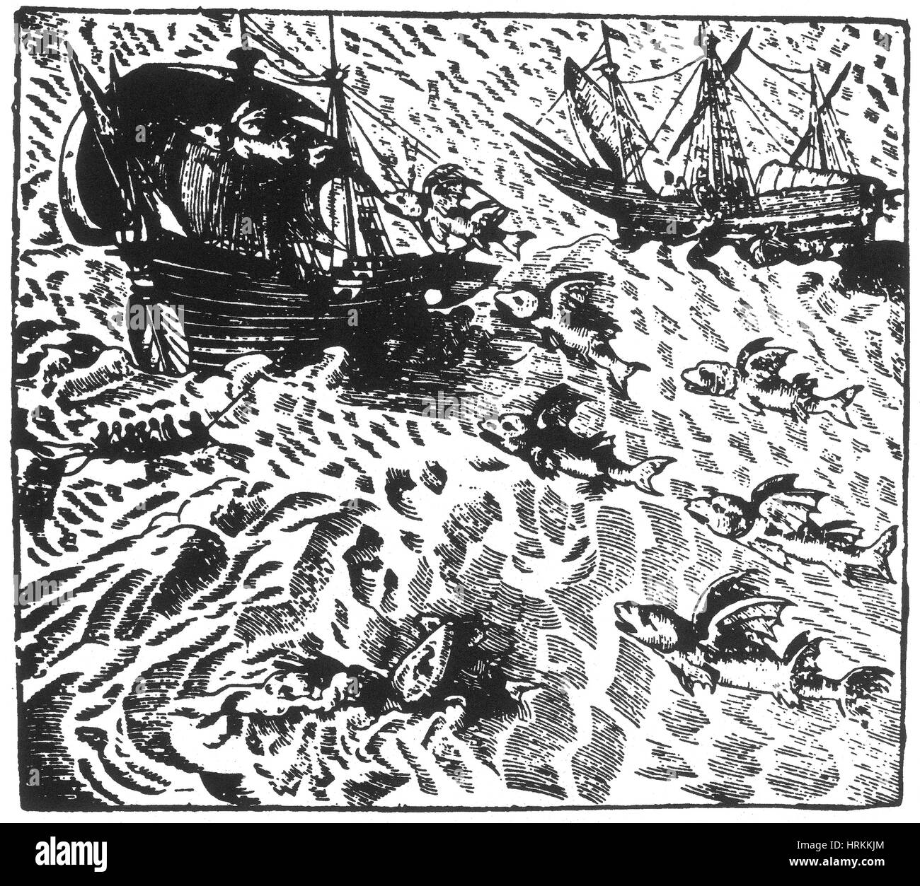 Flying Fish Attack Ship, 16th Century Stock Photo