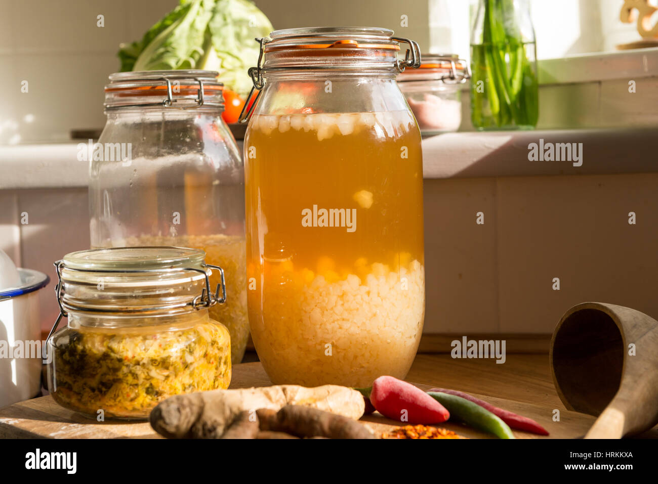 Organic kitchen. water kefir, sauerkraut, kimchi, ginger, tumeric