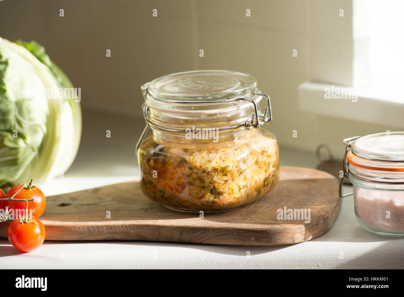 Organic kitchen. Homemade Sauerkraut, Stock Photo