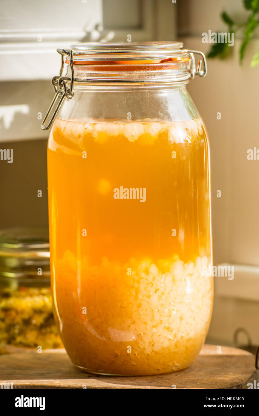 Homemade water Kefir and sauerkraut, prebiotics and probiotics that